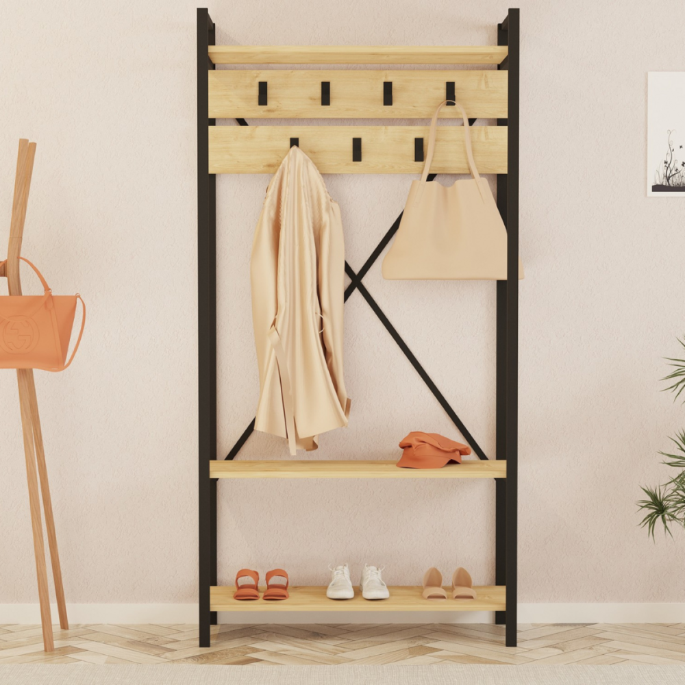 Meuble d'entrée style industriel avec étagères et porte-manteaux lubin