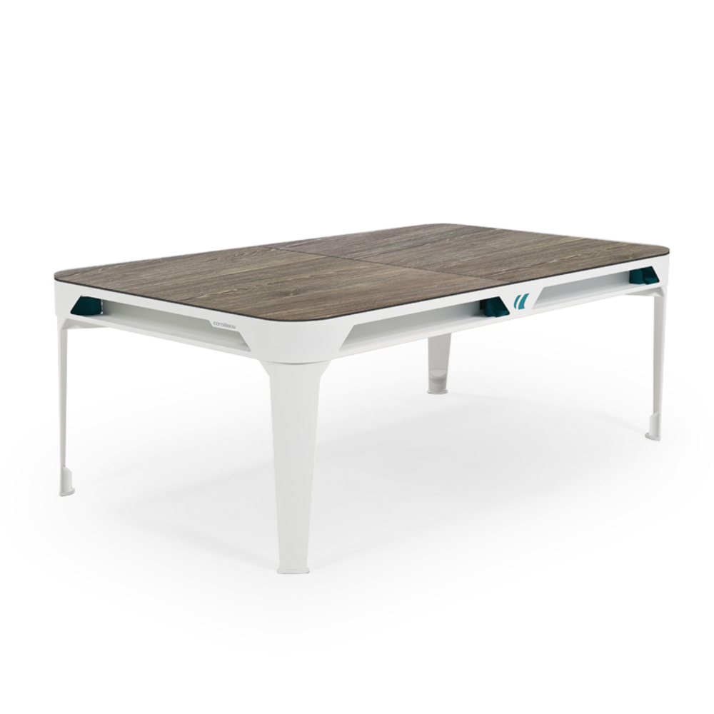 Billard d'extérieur convertible hyphen outdoor blanc / tapis gris foncé / réceptacles : bleu d'eau / plateaux : décor bois