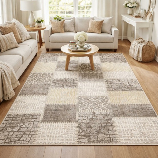 Tapis salle à manger 200x280 tissé marron et beige rectangle motif géométrique
