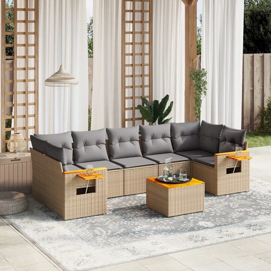 Salon de jardin avec coussins 8 pcs beige résine tressée