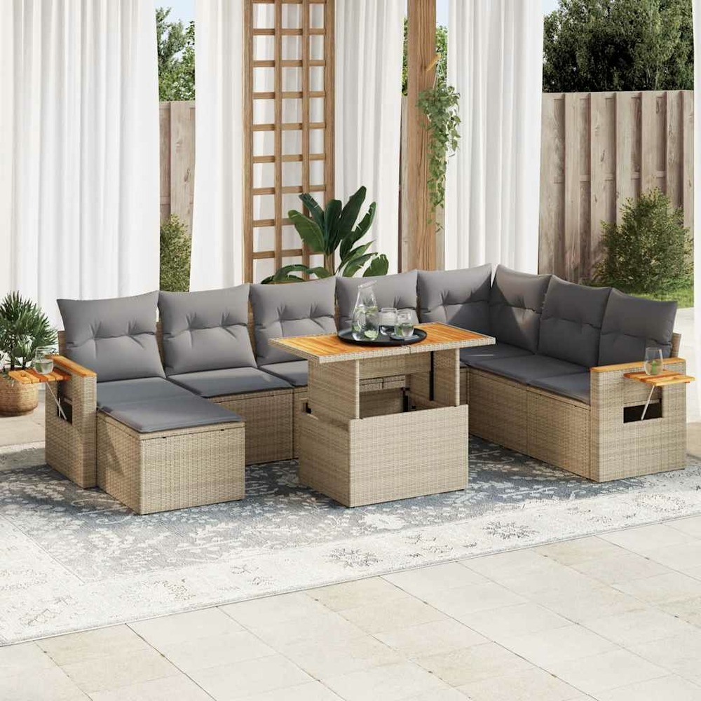 Salon de jardin avec coussins 9 pcs beige résine tressée acacia