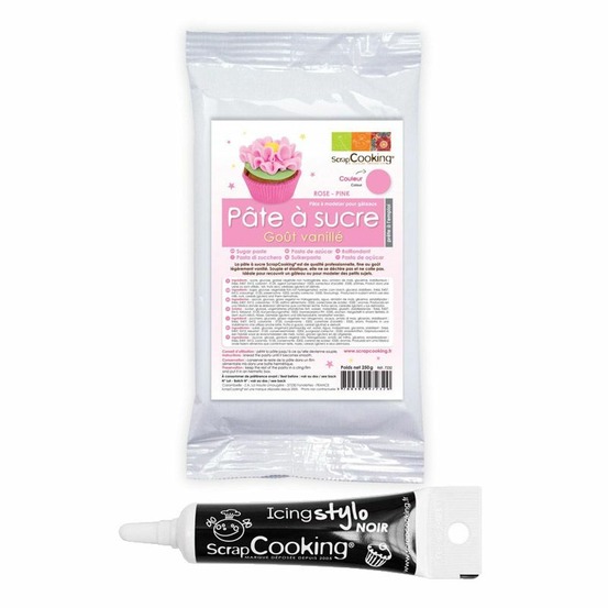 Pâte à sucre rose 250 g + stylo de glaçage noir