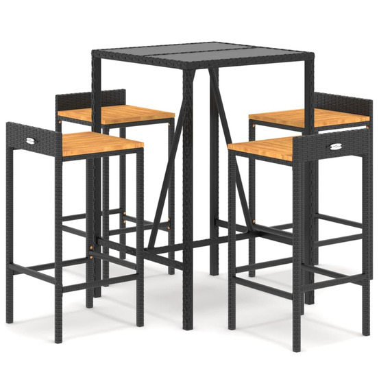 Ensemble de bar jardin 5 pcs noir poly rotin/bois massif acacia