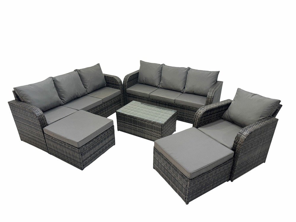 Salon de jardin 9 places ensemble de canapés en rotin avec table basse 2 grand tabourets gris foncé mixte