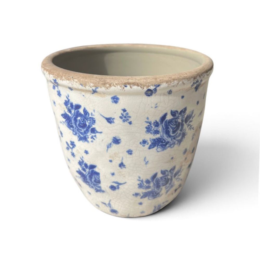 Pot céramique beige bleu motif florale 14x15x15cm