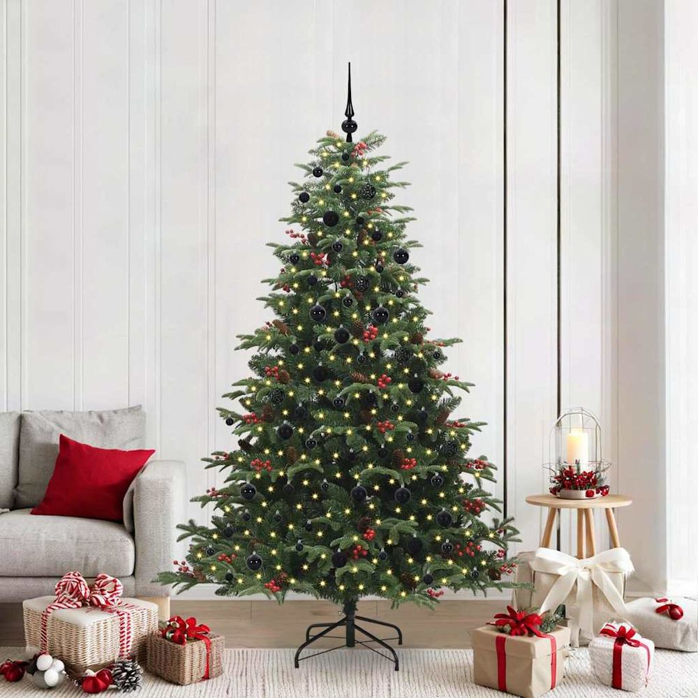 Sapin de noël vert 210 cm kit tout-en-un, arbre artificiel avec led et 120 décorations
