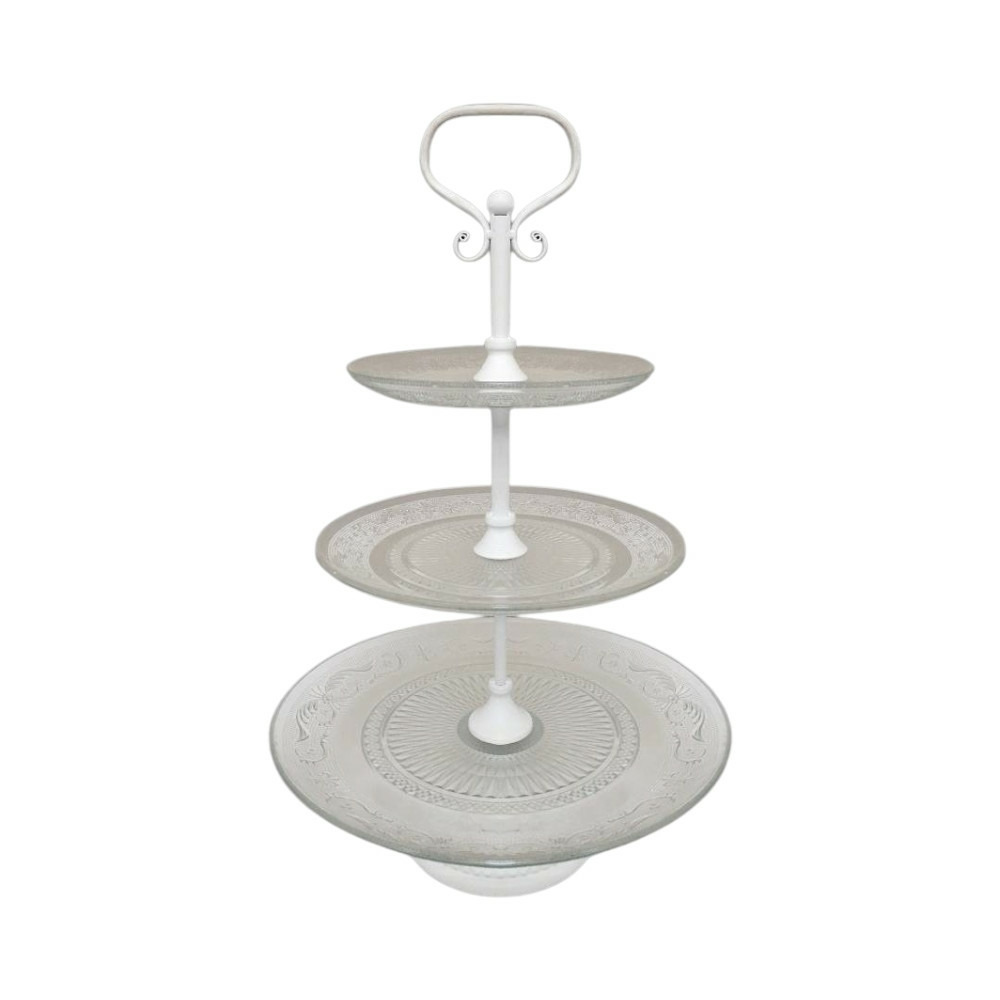 Plateau à gâteaux 3 étages en métal et verre blanc ø. 32 x 52 cm