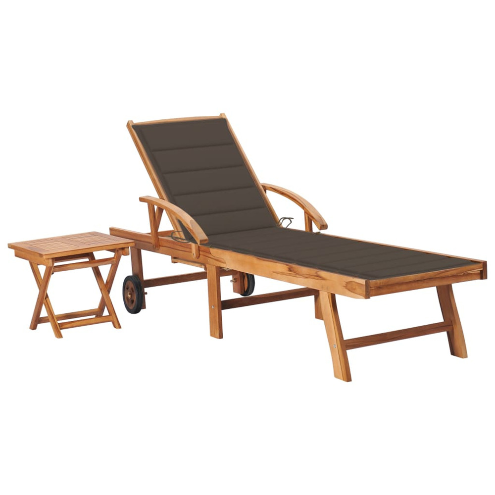 Chaise longue avec table et coussin bois de teck solide bain de soleil