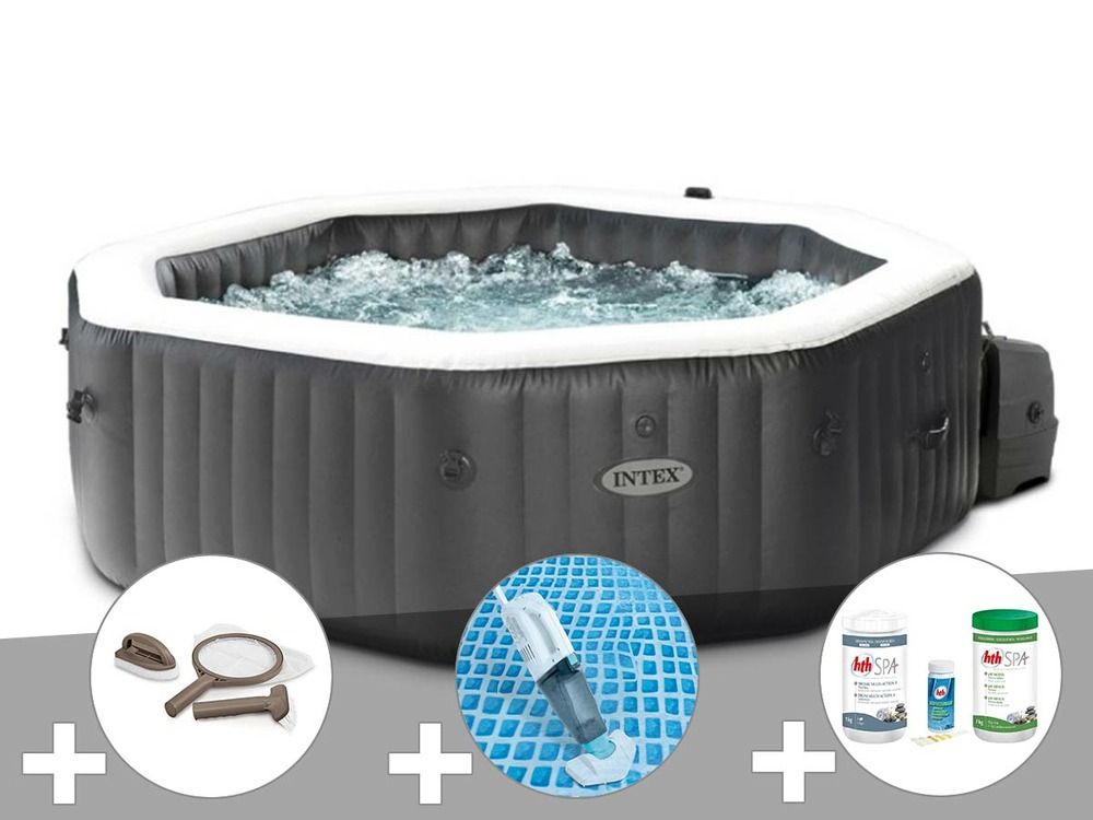 Kit spa gonflable purespa carbone octogonal bulles et jets 4 places + kit trait