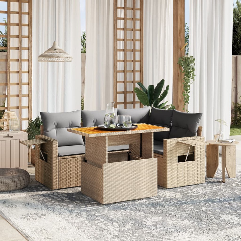 Salon de jardin avec coussins 5 pcs beige résine tressée