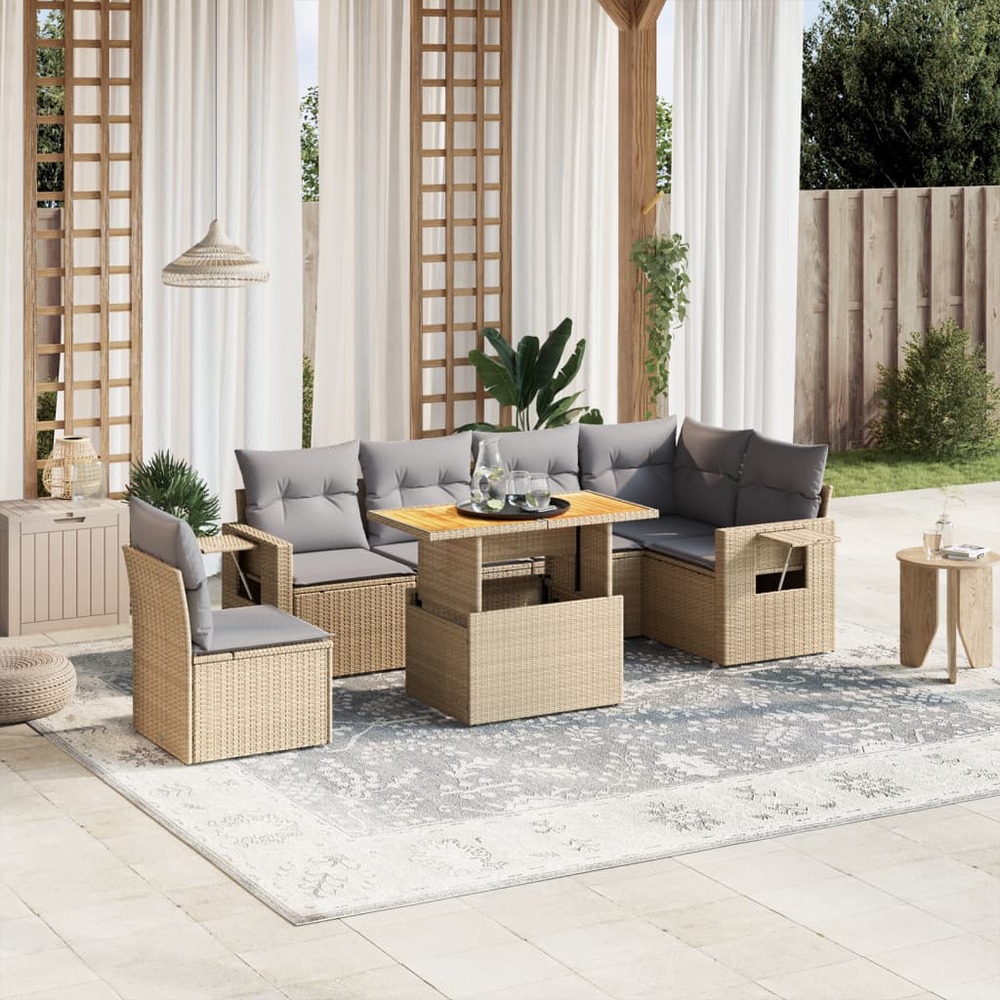 Salon de jardin avec coussins 7 pcs beige résine tressée
