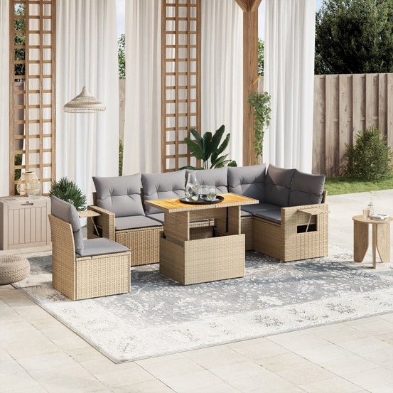 Salon de jardin avec coussins 7 pcs beige résine tressée