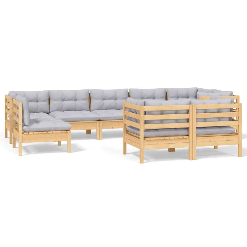 Salon de jardin 9 pcs avec coussins gris bois de pin massif