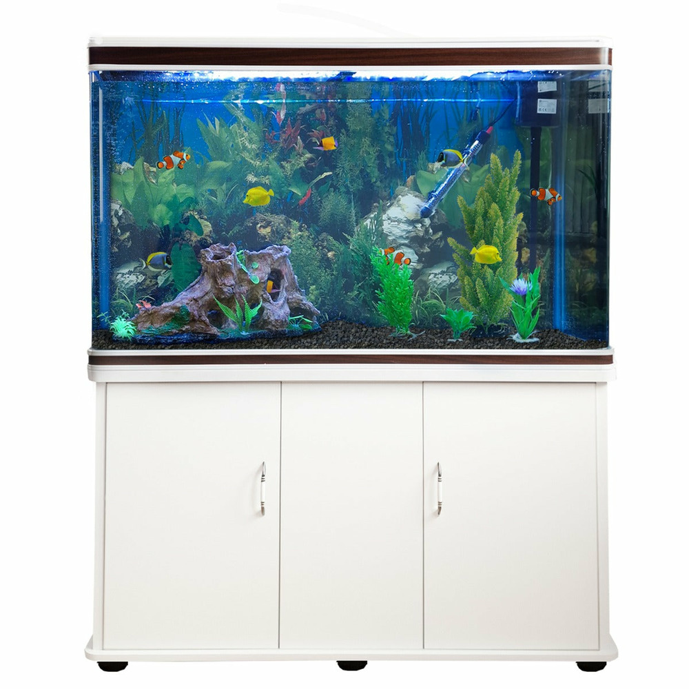Aquarium blanc avec meuble de support blanc assorti et gravier noir
