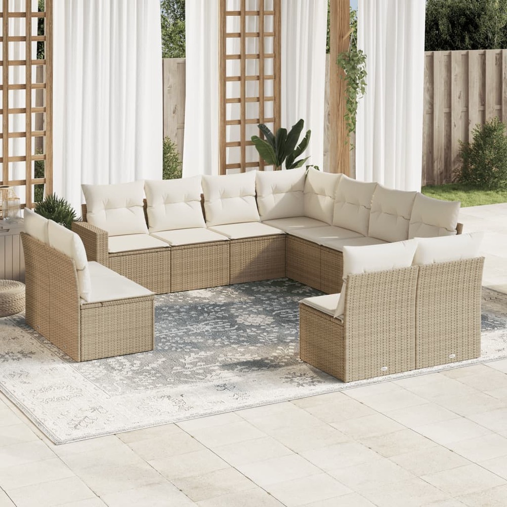Salon de jardin 11 pcs avec coussins beige résine tressée