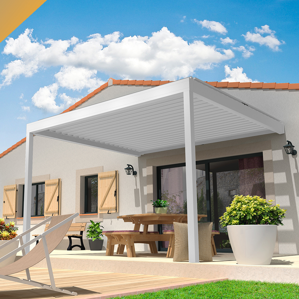 Pergola bioclimatique lolite 4,00x4,613 m vérin à télécommande (blanc satiné ral9010)