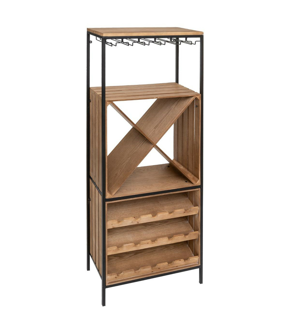 Meuble de bar range bouteilles et porte verres en bois et métal noir h 160 cn