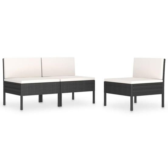 Chaises de jardin lot de 3 avec coussins résine tressée noir
