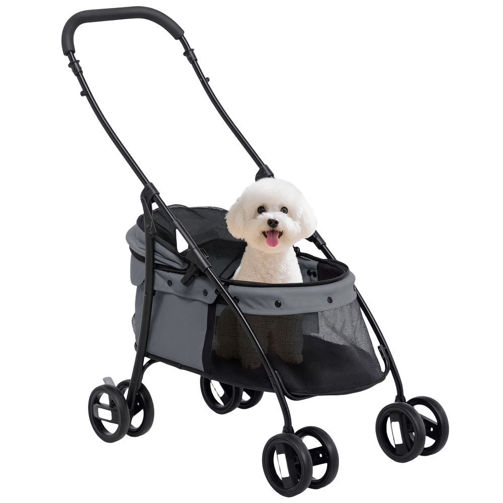 Poussette chien acier tissu oxford balade animaux pliable avec fenêtres gris