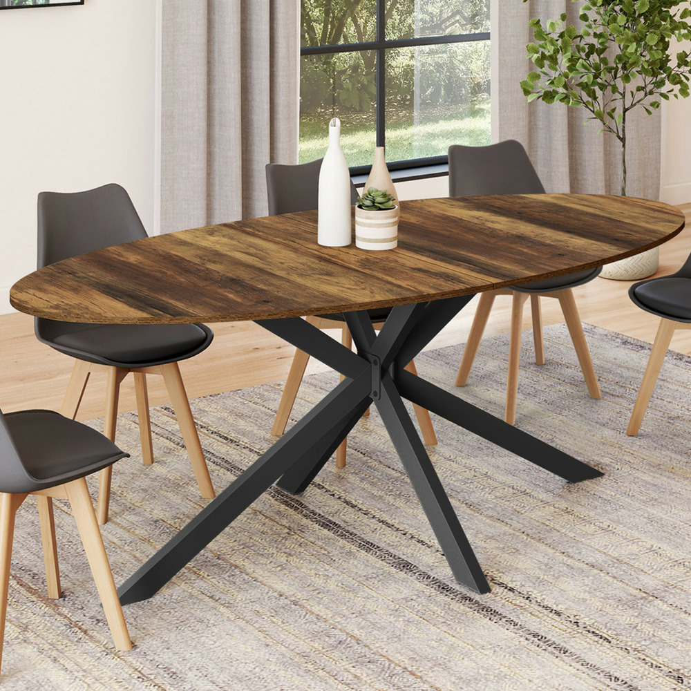 Table à manger ovale alix 10 personnes pied araignée noir et plateau bois foncé hawkins 200 cm