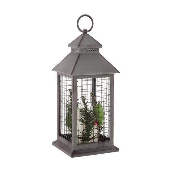 Déco de noël lumineuse lanterne grillagée avec 3 bougies 3 led h 31 cm