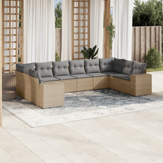 Salon de jardin avec coussins 10 pcs beige résine tressée