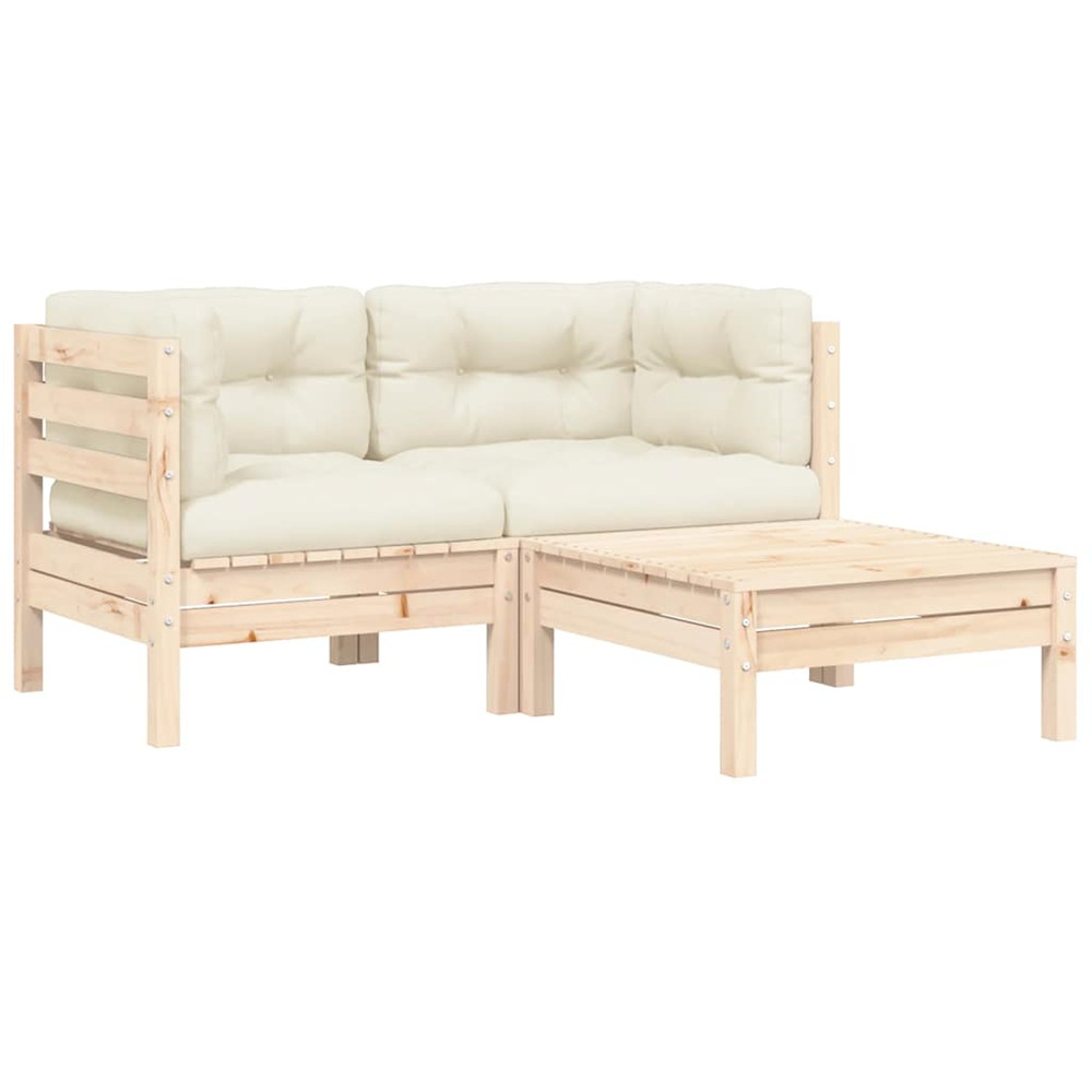 Salon de jardin 3 pcs avec coussins crème bois de pin massif