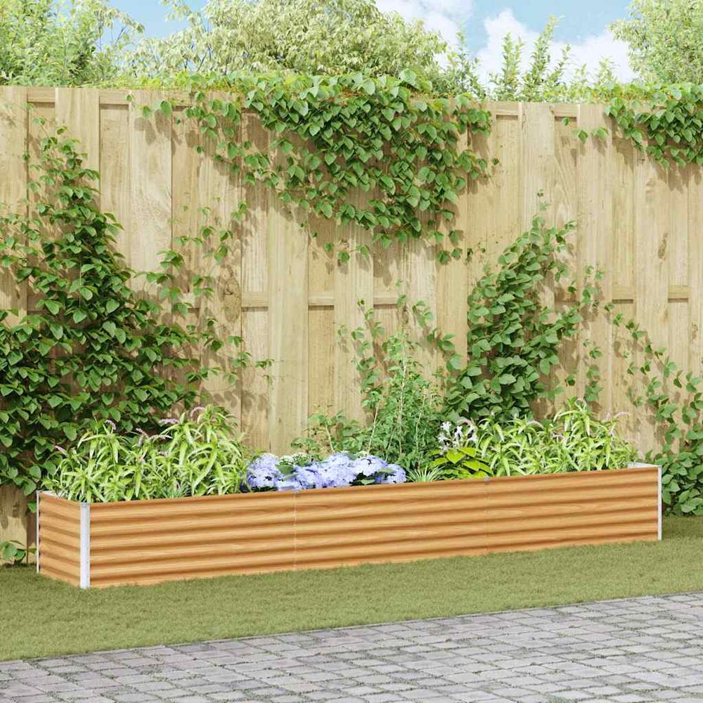 Longue jardinière basse en acier galvanisé idéale pour séparation de zones et bordures fleuries marron clair 290x50x36cm