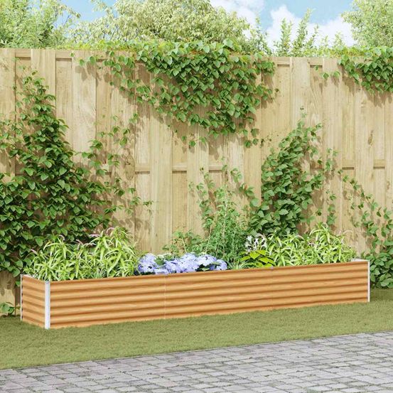 Longue jardinière basse en acier galvanisé idéale pour séparation de zones et bordures fleuries marron clair 290x50x36cm