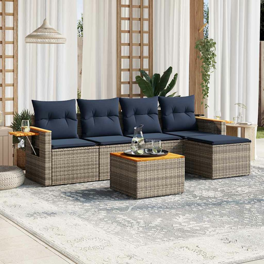 Salon de jardin 6 pcs avec coussins gris résine tressée