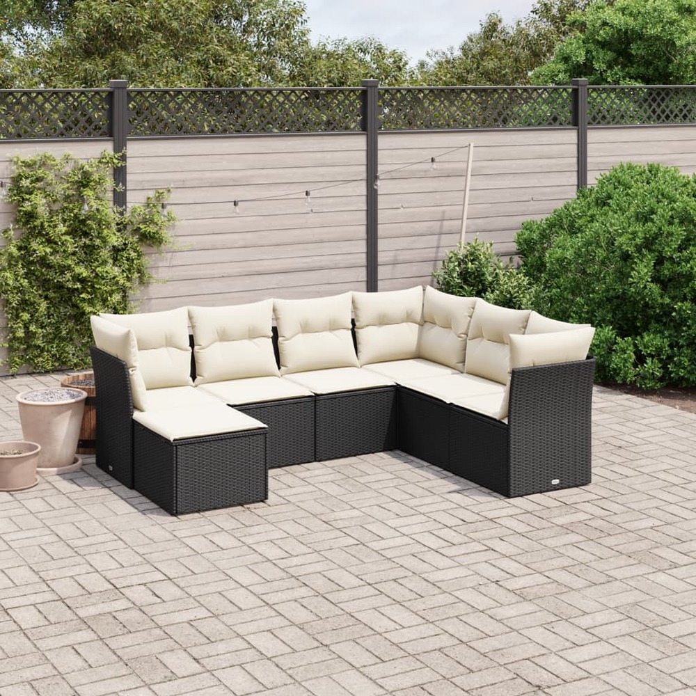 Salon de jardin 7 pcs avec coussins noir résine tressée