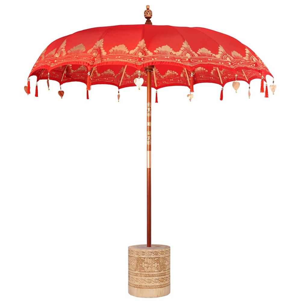 Parasol balinais avec base rouge 215 x 215 x 260 cm