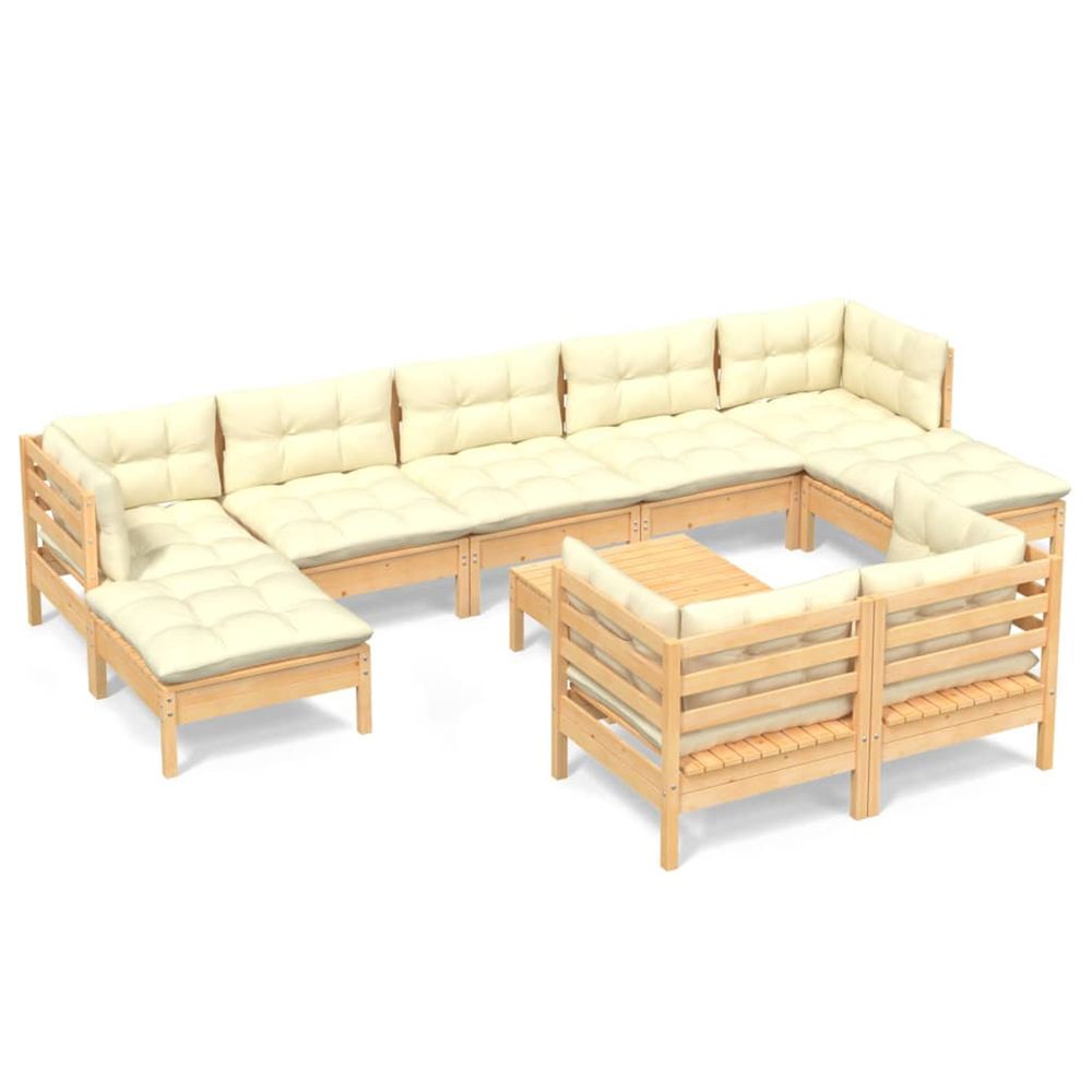 Salon de jardin 10 pcs avec coussins crème bois de pin massif