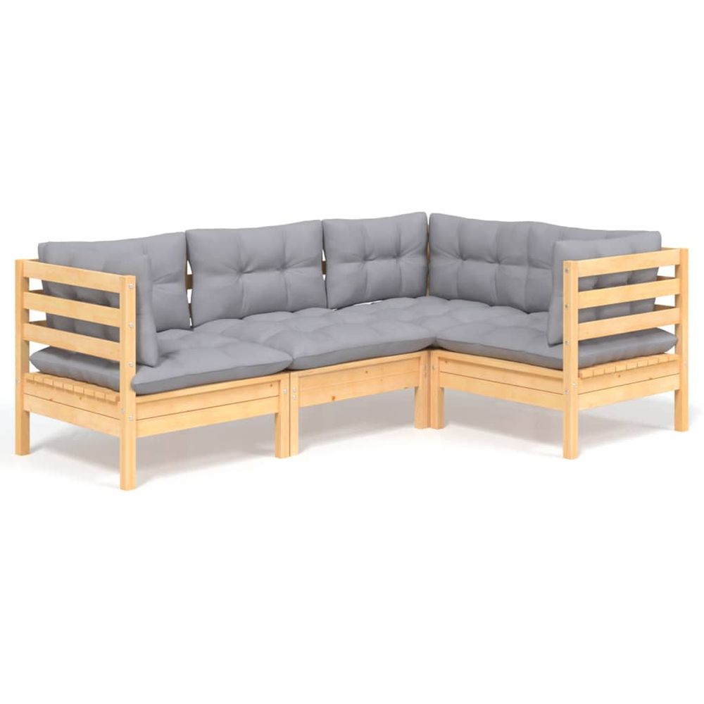 Salon de jardin 4 pcs avec coussins gris bois de pin