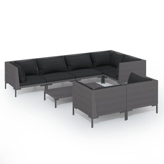 Salon de jardin 8 pcs avec coussins résine tressée gris foncé