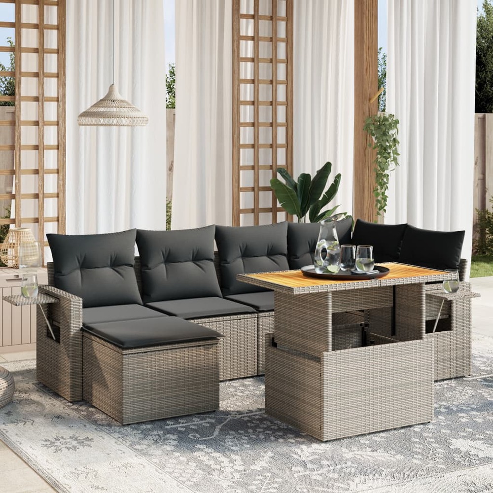 Salon de jardin avec coussins 7 pcs gris résine tressée