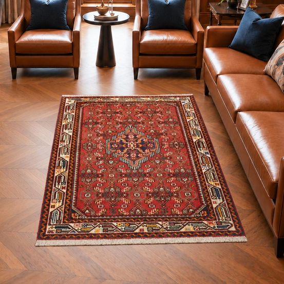 Tapis d'orient 102 x 140 cm, rouge, bleu et crème, noué à la main, hamadan 26
