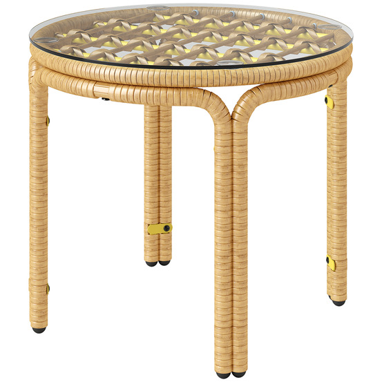 Table d'appoint en polyrotin, table basse ronde avec plateau en verre, table de chevet ø50 cm, jaune
