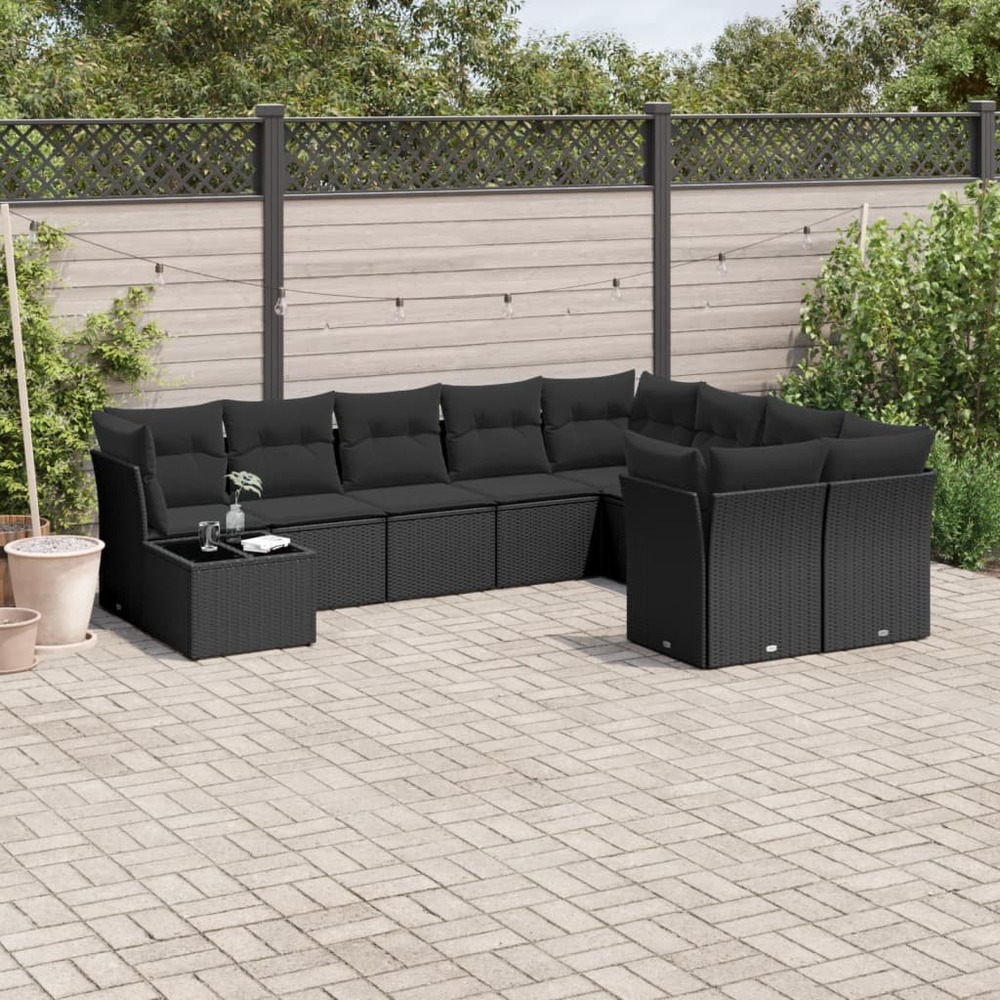 Salon de jardin 10 pcs avec coussins noir résine tressée