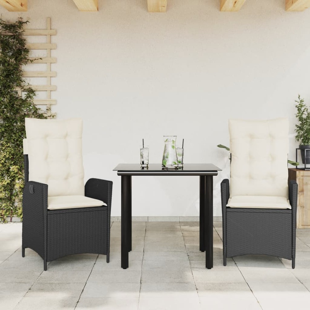 Ensemble à manger de jardin avec coussins 3 pcs noir