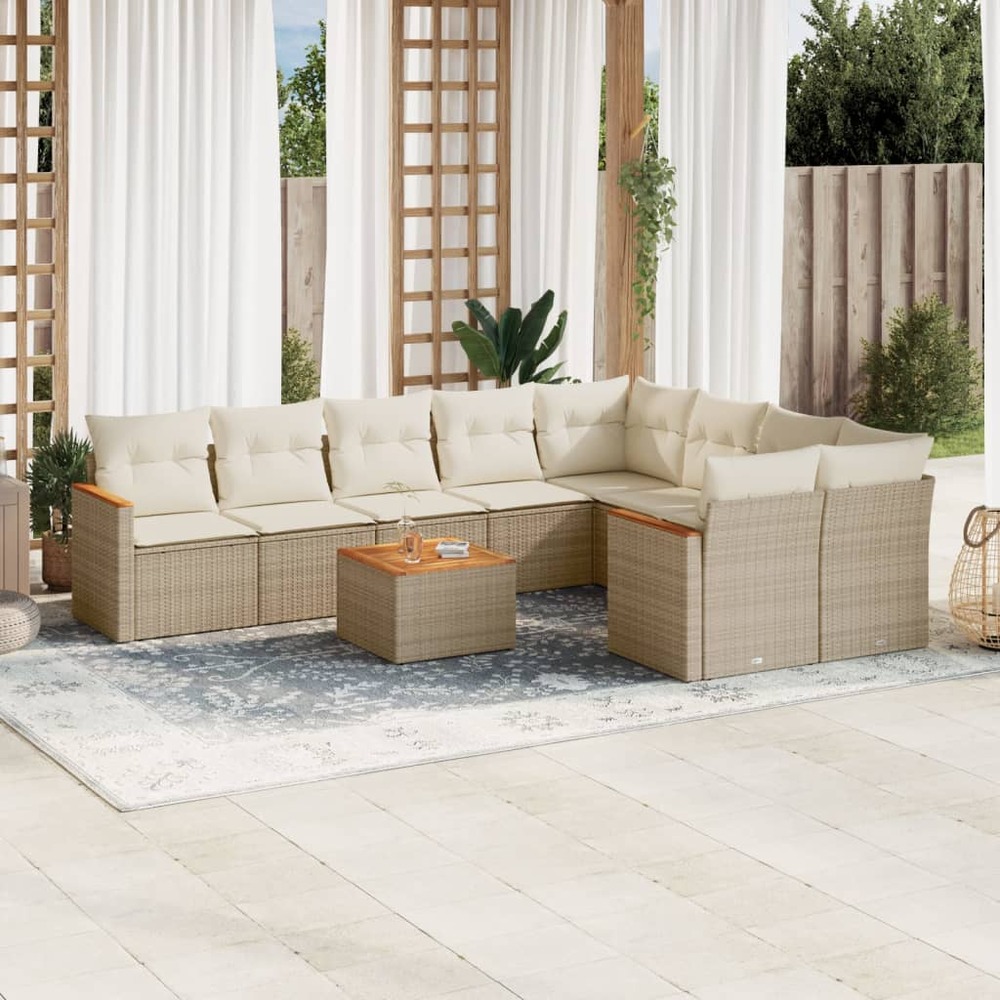Salon de jardin avec coussins 10 pcs beige résine tressée