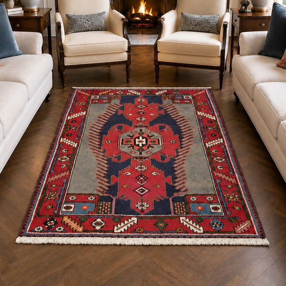 Tapis d'orient 108 x 150 cm, laine nouée main, rouge, bleu et gris, hamadan 46