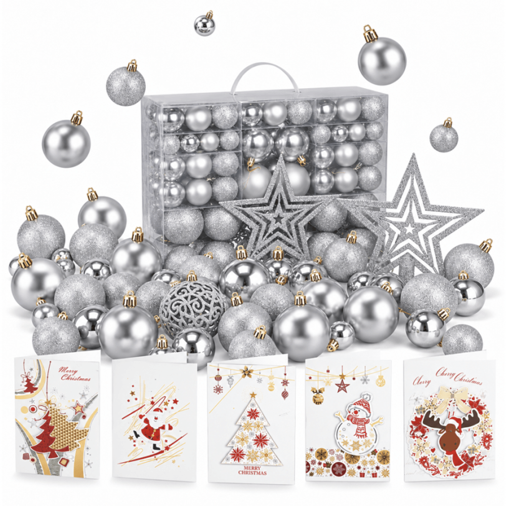 Boules de noël argentées, coffret 127 boules et étoile de sapin, diamètres 3, 4 et 6 cm décorations de sapin