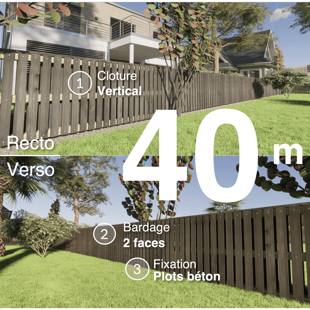 Kit clôture bois moderne 40m – h 0,9m – 20 x 70 mm noir par trempage – pose vertical – double face – à sceller