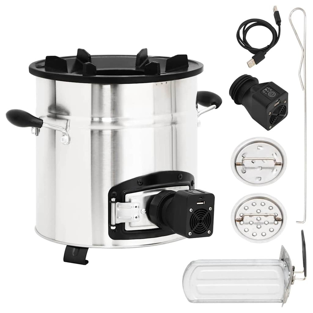 Poêle à bois avec ventilateur usb argenté 35,5x26x28 cm inox