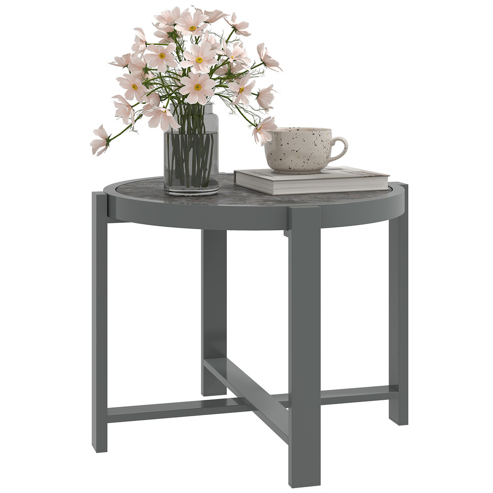 Table d'appoint ronde, table de jardin, résistante aux intempéries, en aluminium, table de balcon aspect marbre, grise