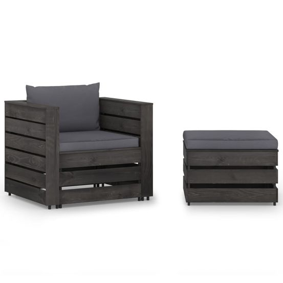 Salon de jardin 2 pcs avec coussins bois imprégné de gris