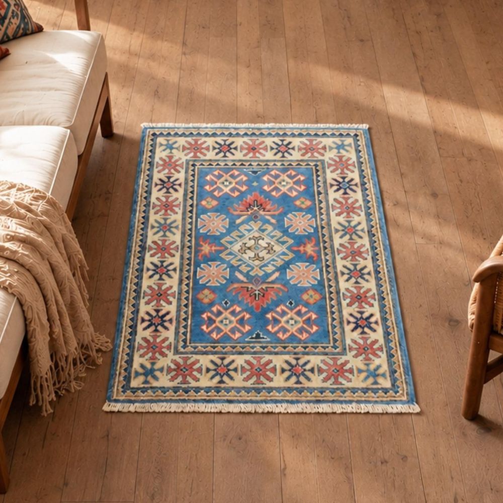 Tapis entrée 61 x 89 cm, bleu, beige et rouge, en laine, kazak co 66