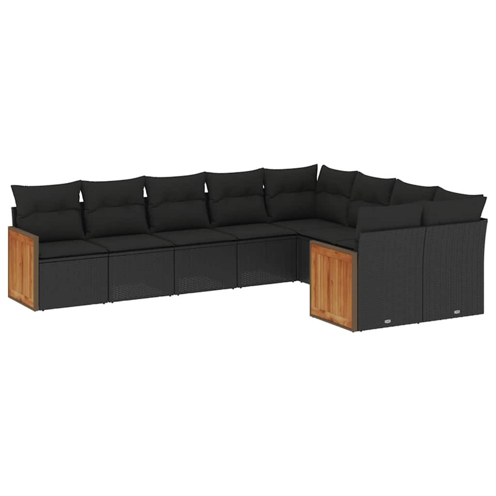 Salon de jardin 9 pcs avec coussins noir résine tressée