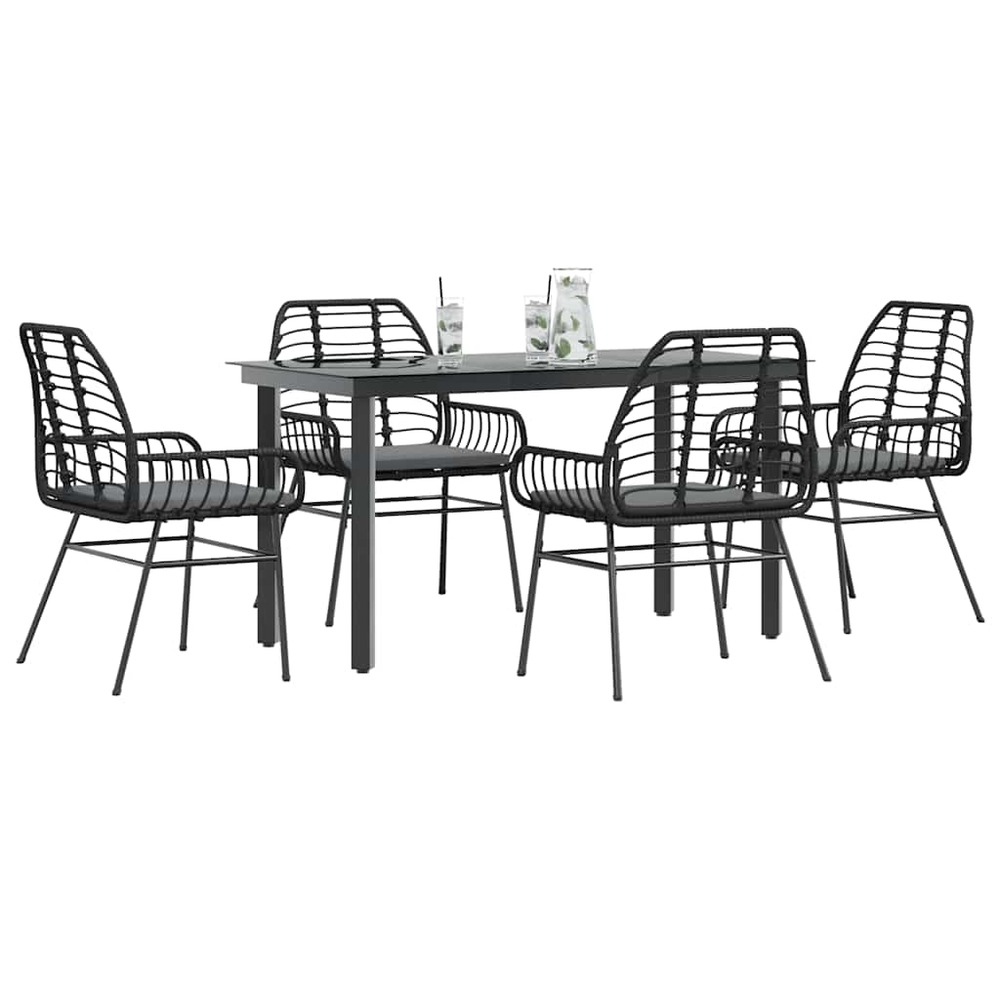 Ensemble à manger de jardin et coussins 5 pcs noir rotin verre